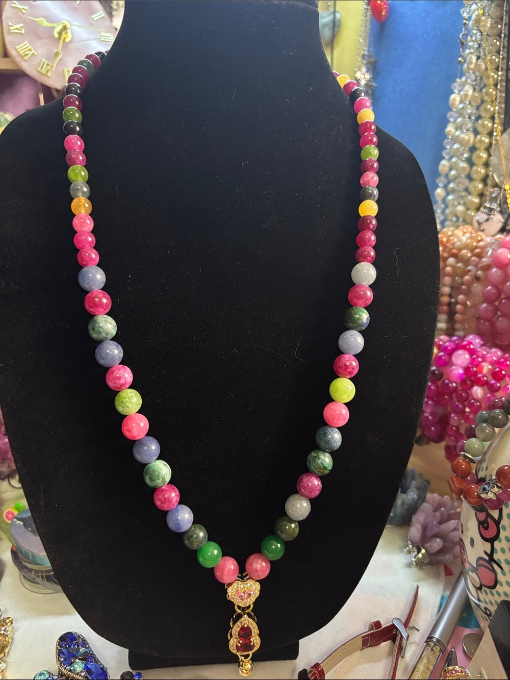 Rainbow Tourmaline Beaded Pendant Necklace - Pink Green Purple Accents
